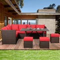 7 Pieces Brown Rattan Patio Furniture Set with Red Cushions Y5307