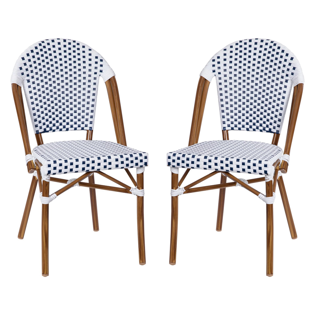 Set of Two Stacking Bistro Chairs with White and Navy Patterned Seats and Backs O3169