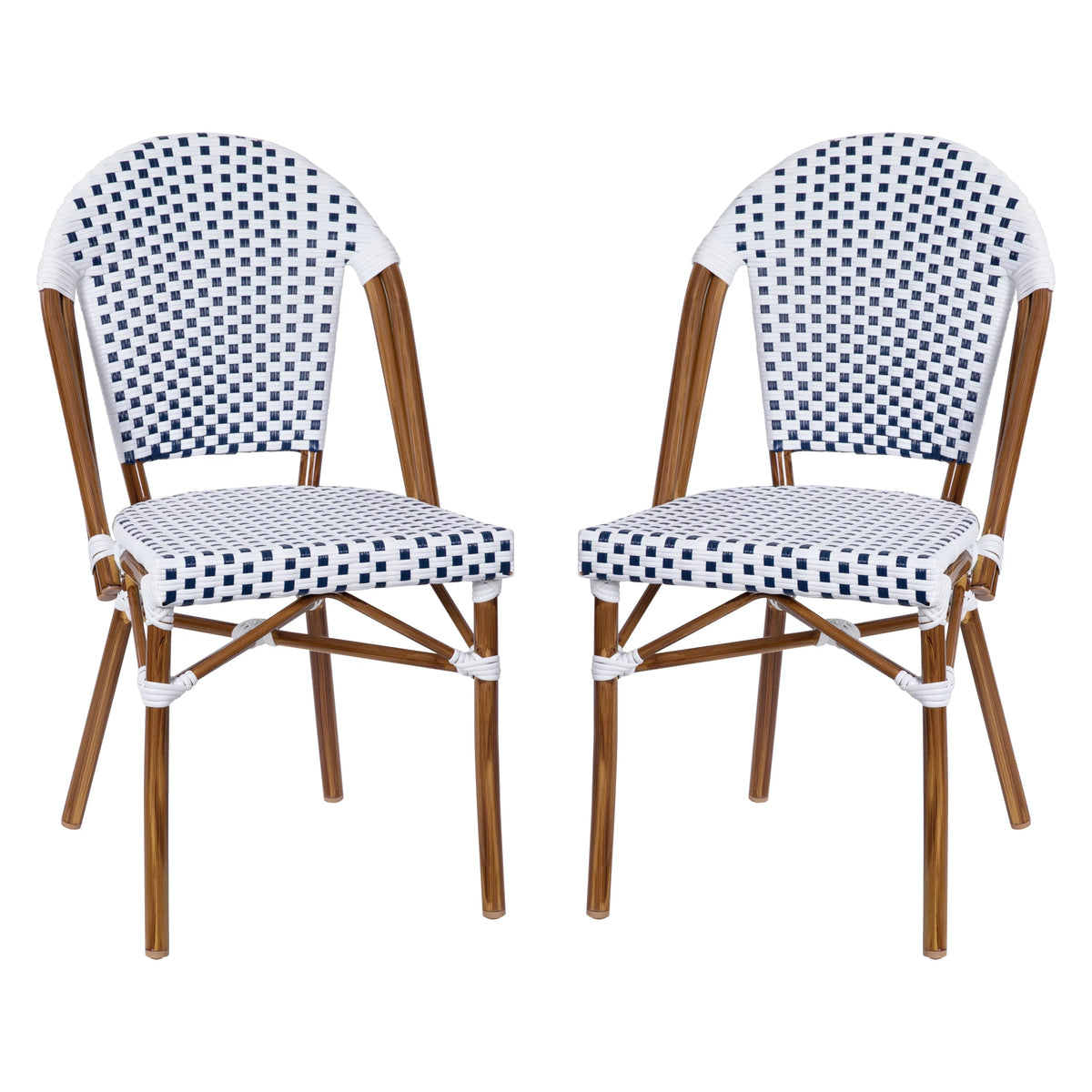 Set of Two Stacking Bistro Chairs with White and Navy Patterned Seats and Backs O3169