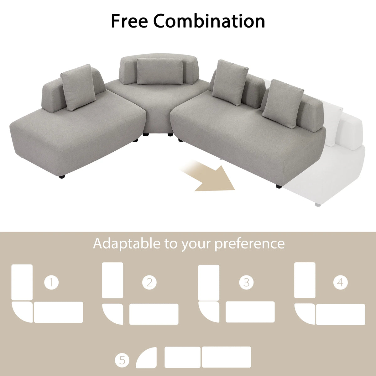 Gray 3-piece Sectional Sofa with 4 Pillows B816