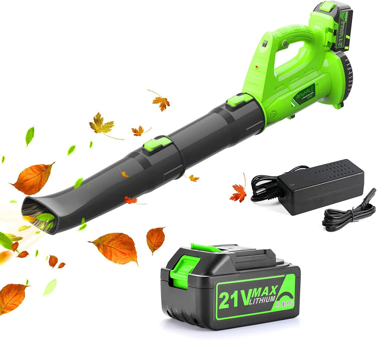 Cordless Handheld Leaf Blower with 2.0Ah Battery and Charger, 2 Speeds, 2 Adjustable Tubes, Dark Green, Pack of 2 L3105