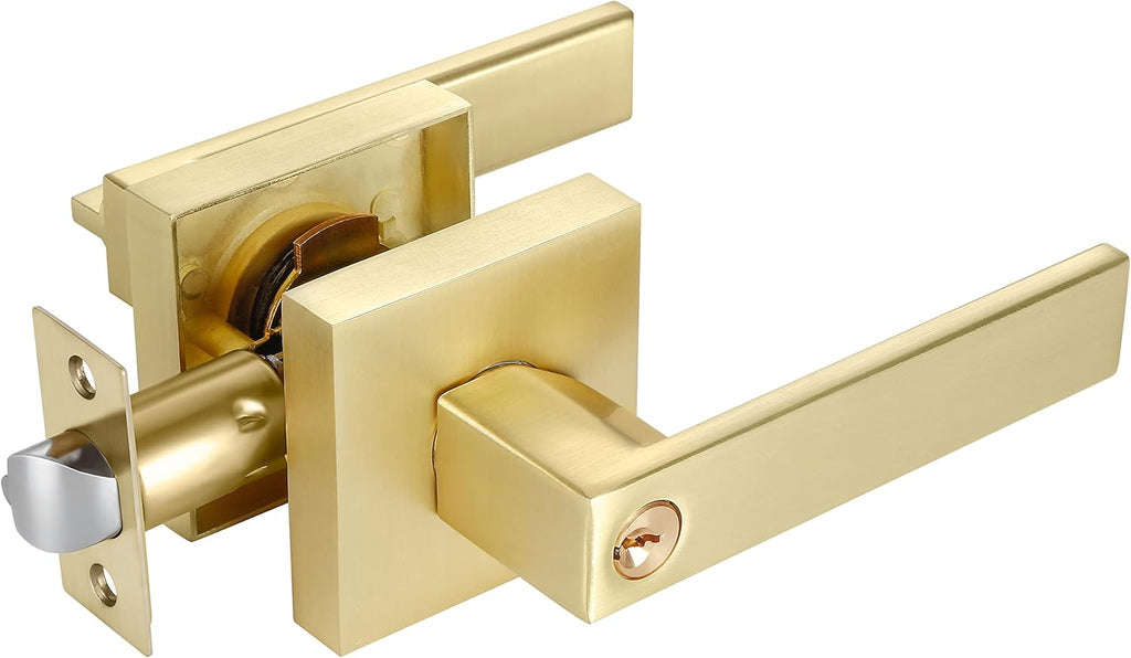 4 Pack Square Euro Style Door Leversets in Stain Brass Finish with Keys G349
