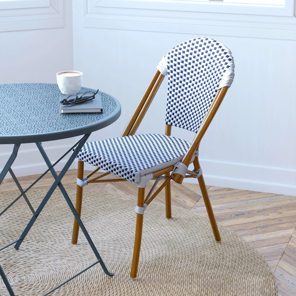Set of Two Stacking Bistro Chairs with White and Navy Patterned Seats and Backs O3169