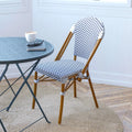 Set of Two Stacking Bistro Chairs with White and Navy Patterned Seats and Backs O3169