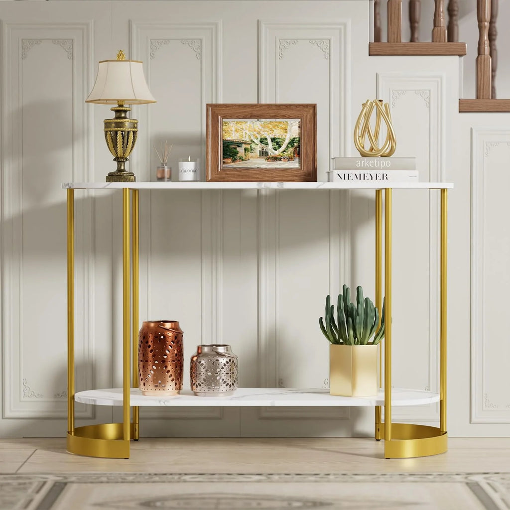 Gold 2-Tier Faux Marble Console Table Z6861
