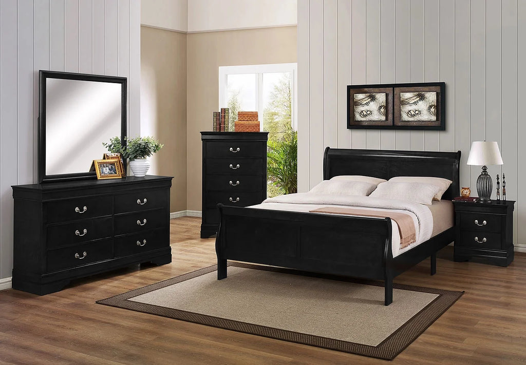 4pc Twin Size Bed Set Dresser Mirror Nightstand Black Wooden W6494