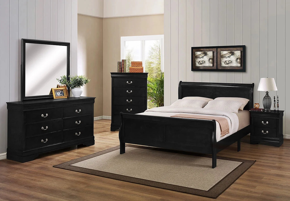 4pc Twin Size Bed Set Dresser Mirror Nightstand Black Wooden W6494