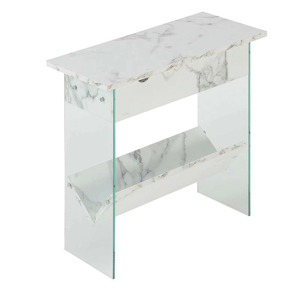 White Faux Marble Wood End Table with Clear Glass B9532