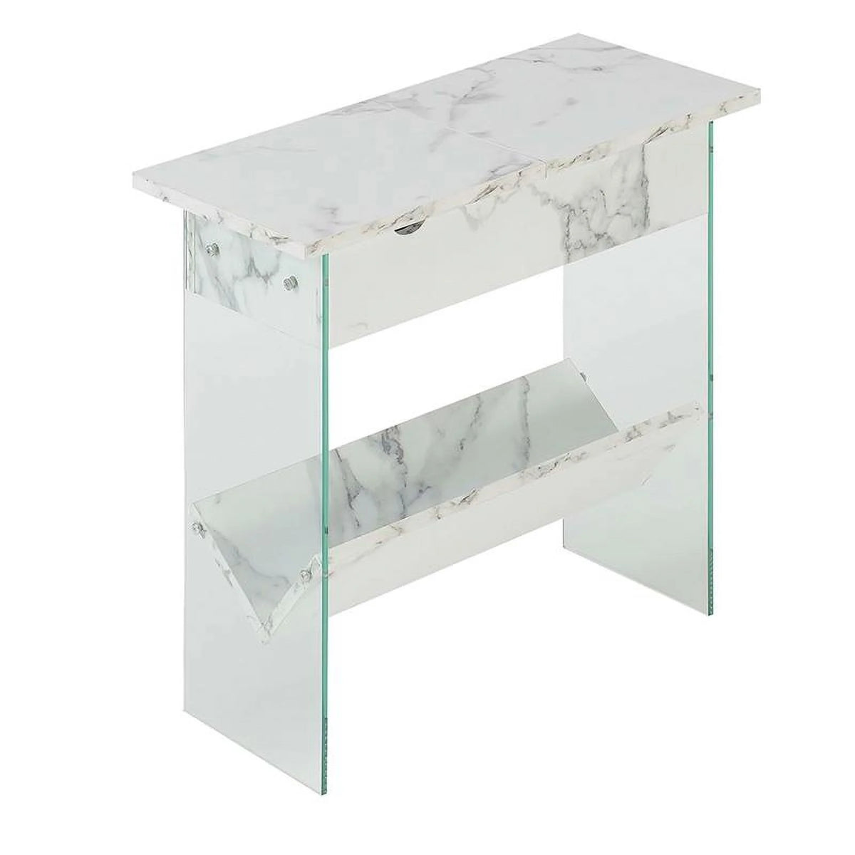 White Faux Marble Wood End Table with Clear Glass B9532