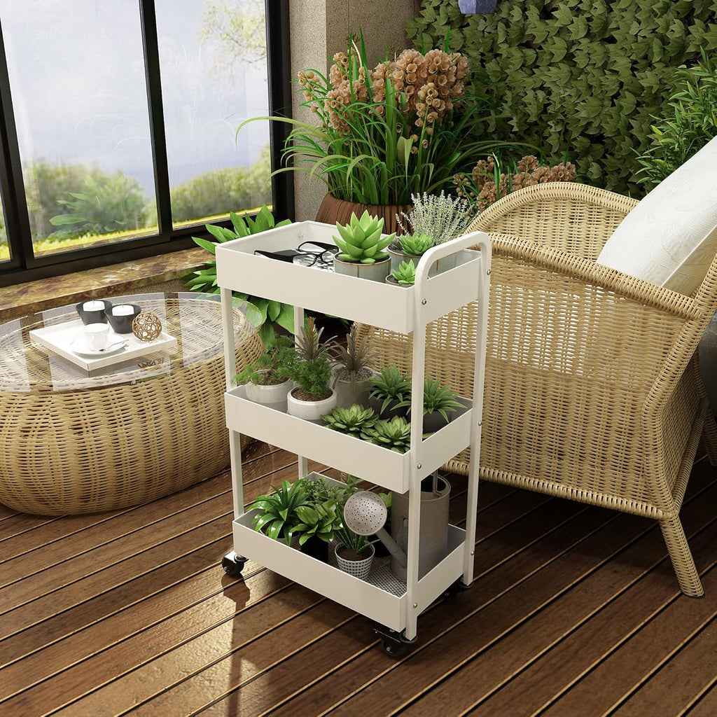 3-Tier White Metal Rolling Storage Cart with Wheels and Handle H725