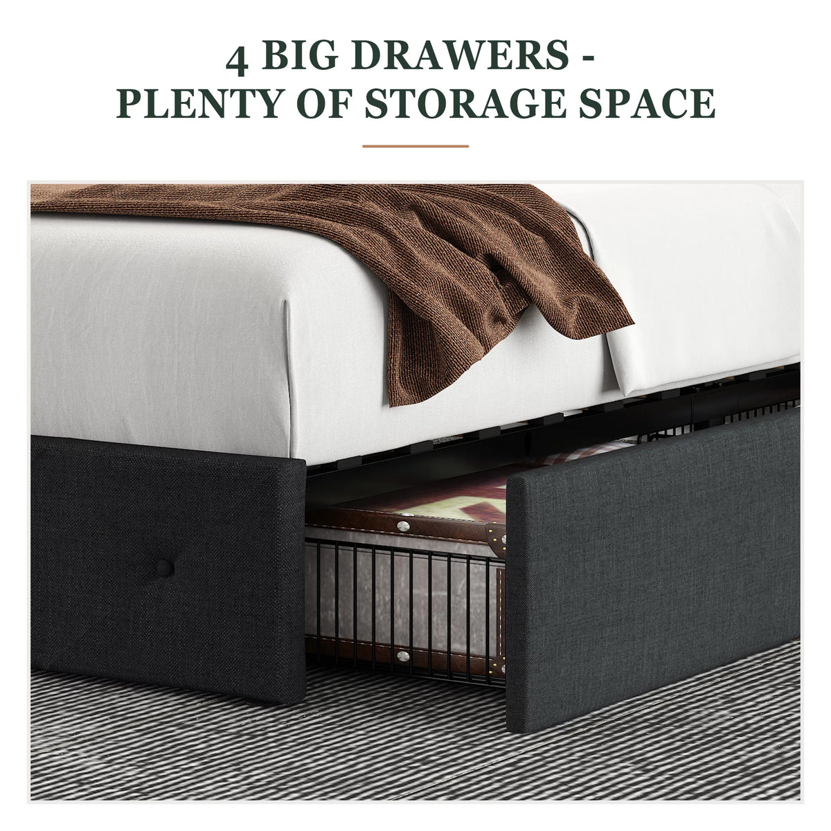 King Size Platform Bed Frame with Headboard and 4 Drawers, Dark Grey Z53394