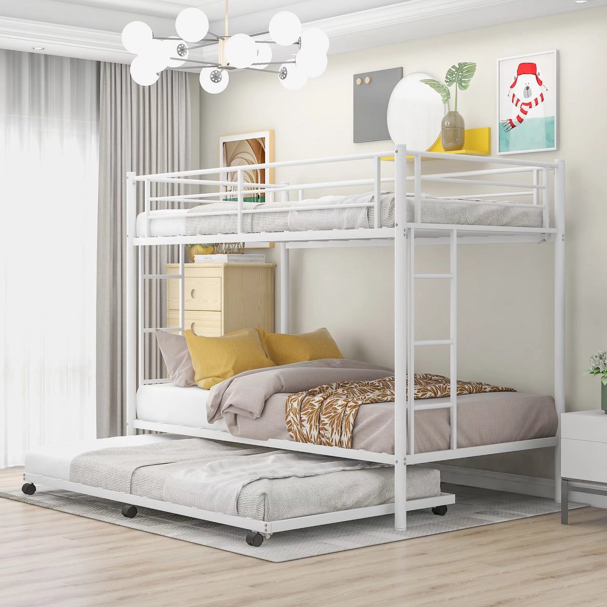 Black Metal Twin over Twin Bunk Bed with Trundle O2756