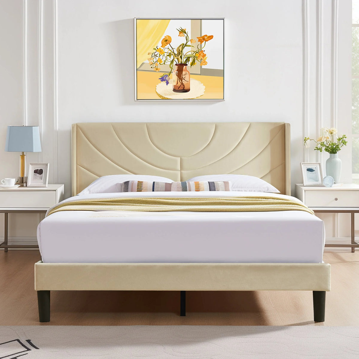 Queen Platform Bed Frame with Upholstered Headboard V8852