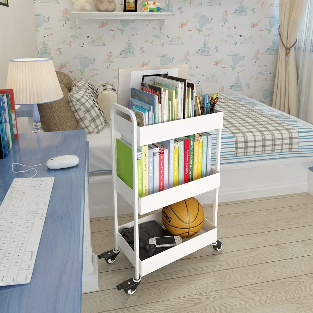 3-Tier White Metal Rolling Storage Cart with Wheels and Handle H725