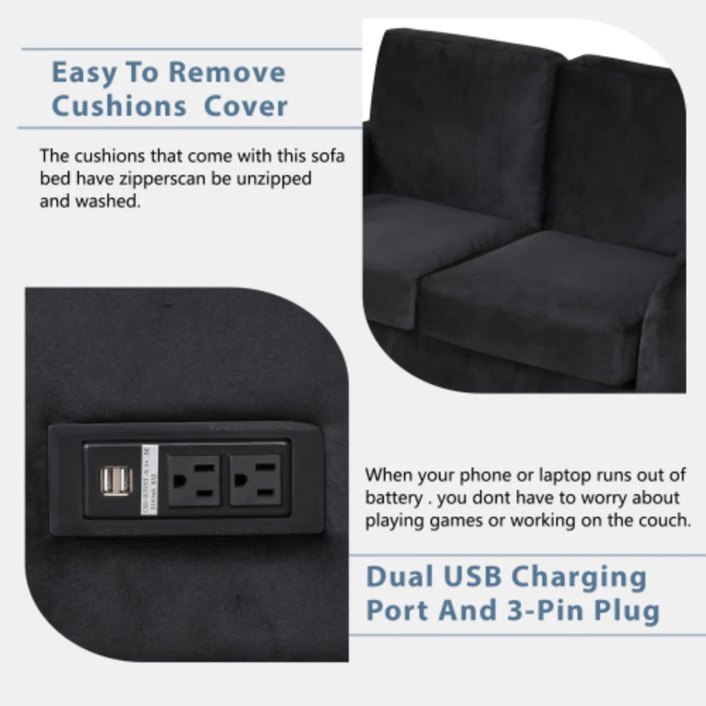 Black Pull Out Sofa Bed with USB Charging Port and Twin Size Mattress Pad X2436