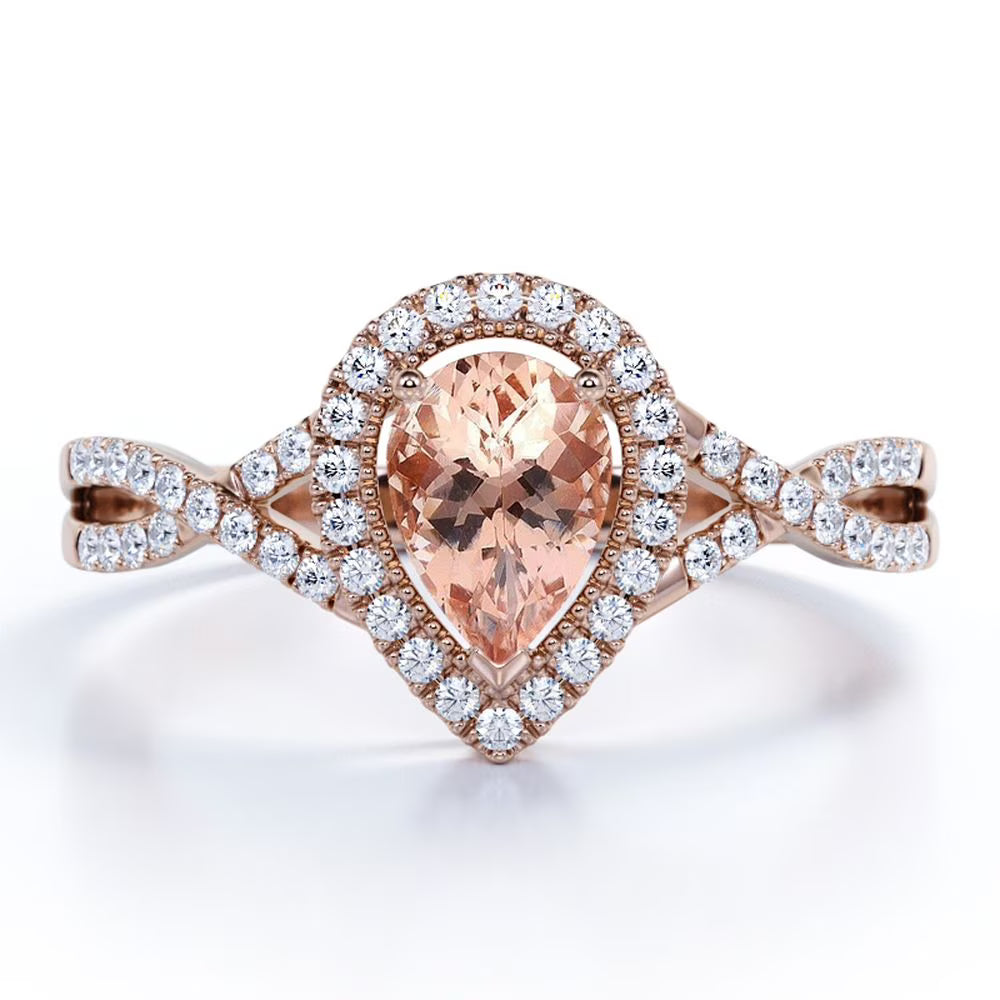1.75 Carat Pear Cut Created Morganite and Moissanite Engagement Ring in 18k Gold Over Sterling Silver U8781