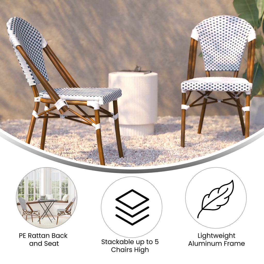 Set of Two Stacking Bistro Chairs with White and Navy Patterned Seats and Backs O3169