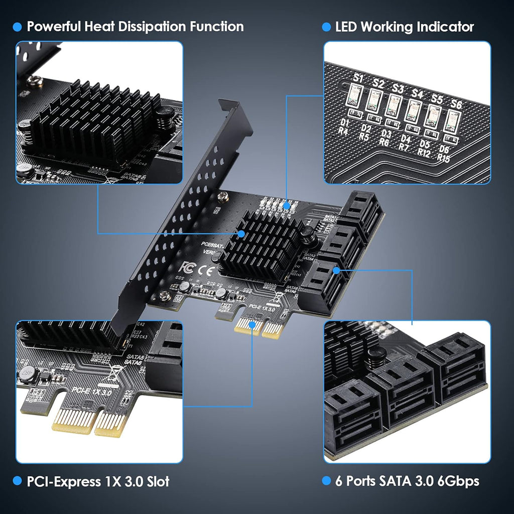 6 Port SATA 3.0 PCIe Controller Card with 6 SATA Cables X652020
