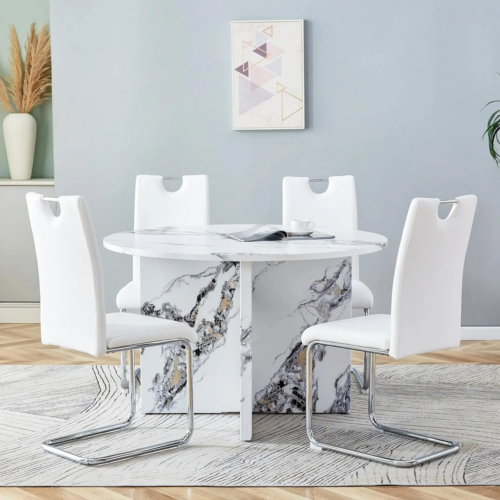 White 5 Piece Round Dining Table Set E85248