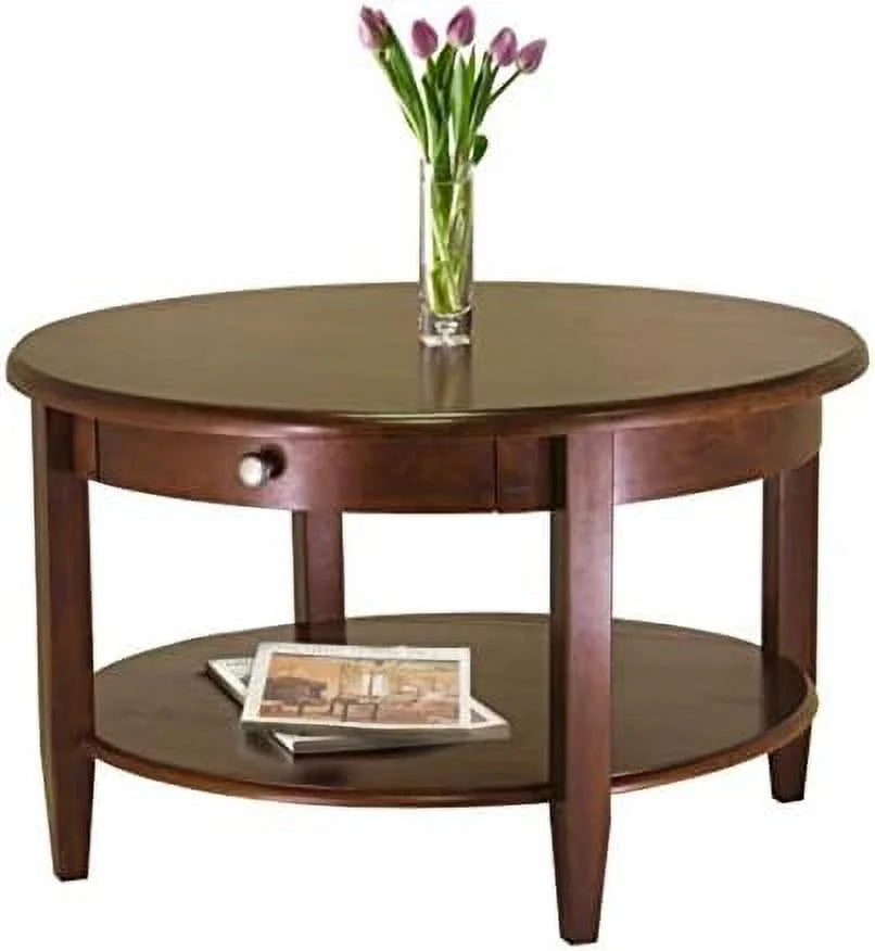 Round Wood Coffee Table with Storage Shelf and Drawer Z353620