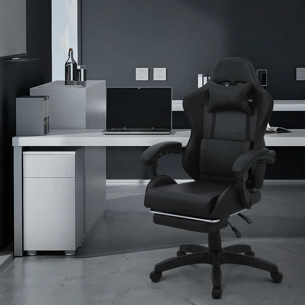 Black Swivel Gaming Chair with Footrest and Lumbar Support F347
