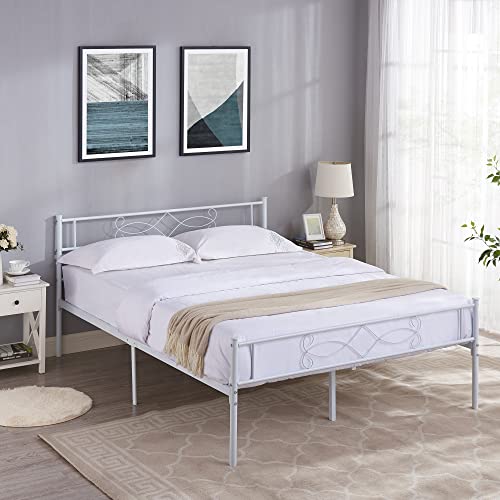 14" Full Size White Metal Platform Bed Frame with Headboard Y3159