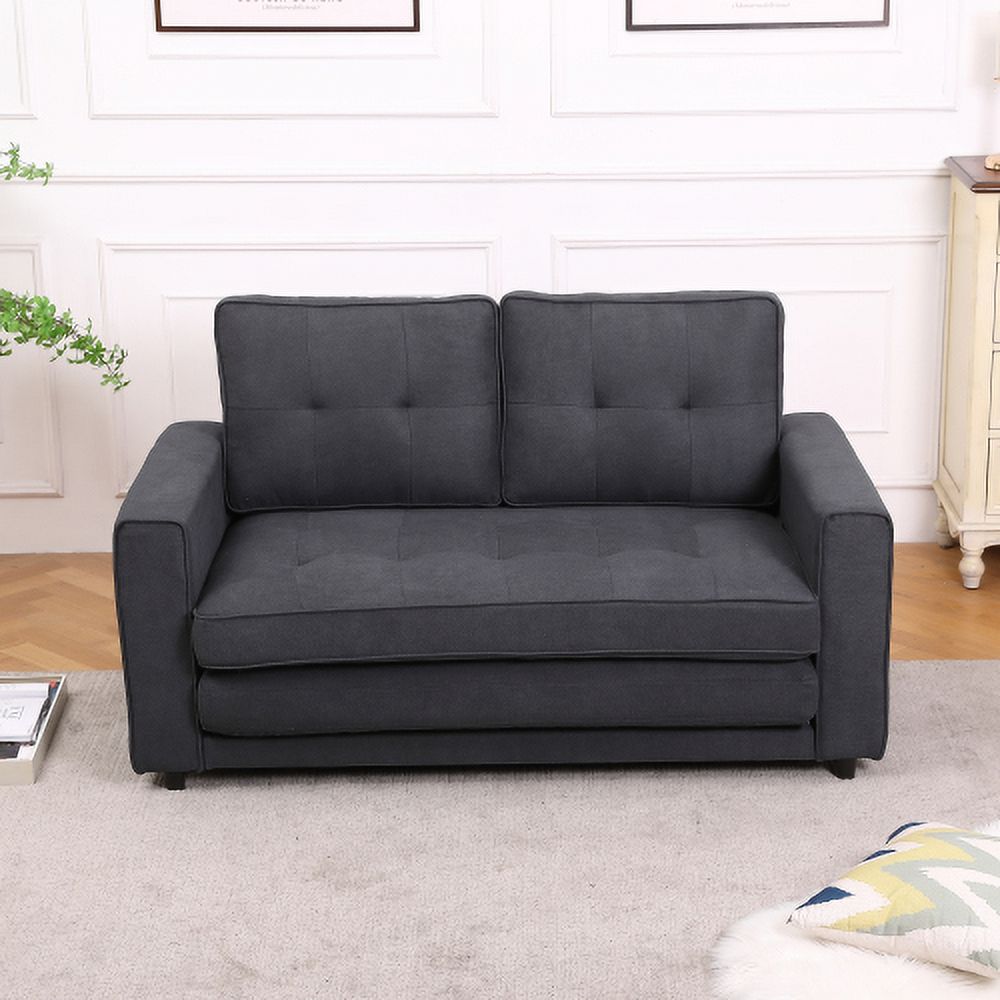 3-in-1 Upholstered Futon Sofa Bed Game Mats, Foldable Pull Out Sleeper Couch Bed, Convertible Floor Game Mats, Dark Gray K57376
