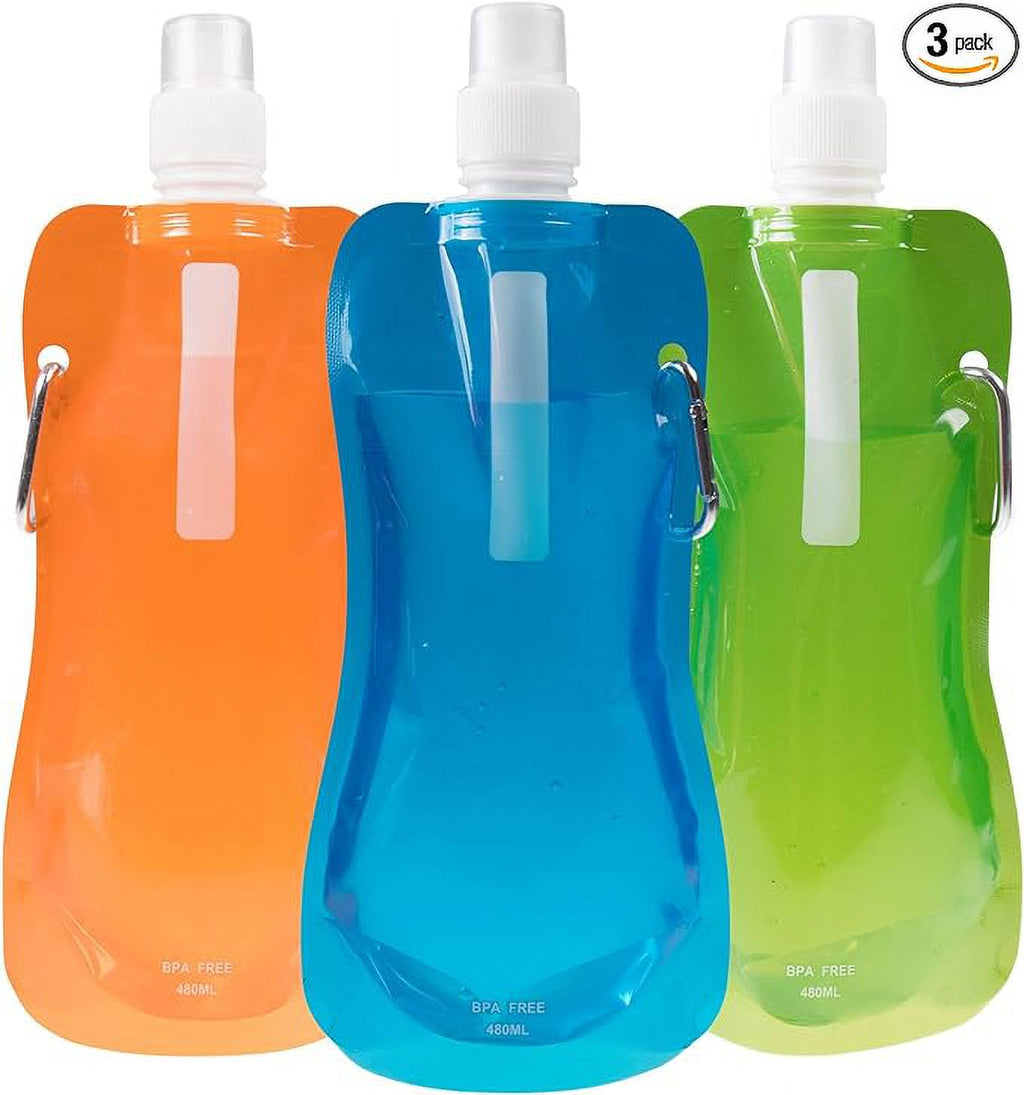 Collapsible Sports Water Bottle 3 Pack, 480 mL, Blue, Orange, and Green A63400