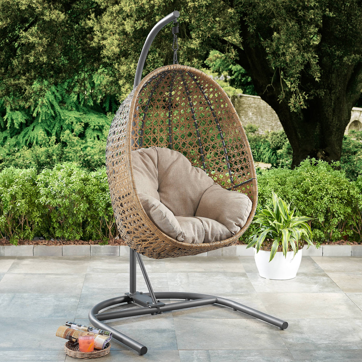 Hanging Egg Chair with Stand Tan Wicker Beige Cushion A717099