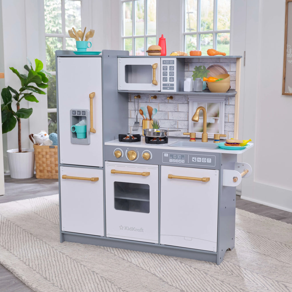 Gray Wooden Play Kitchen with 36 Accessories D523