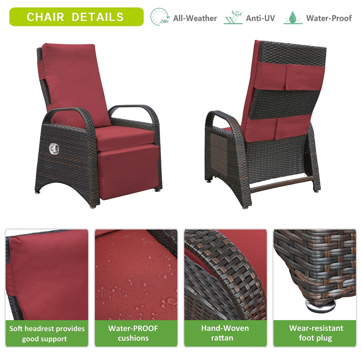 Red Rattan Reclining Armchair with Flip Table U4880