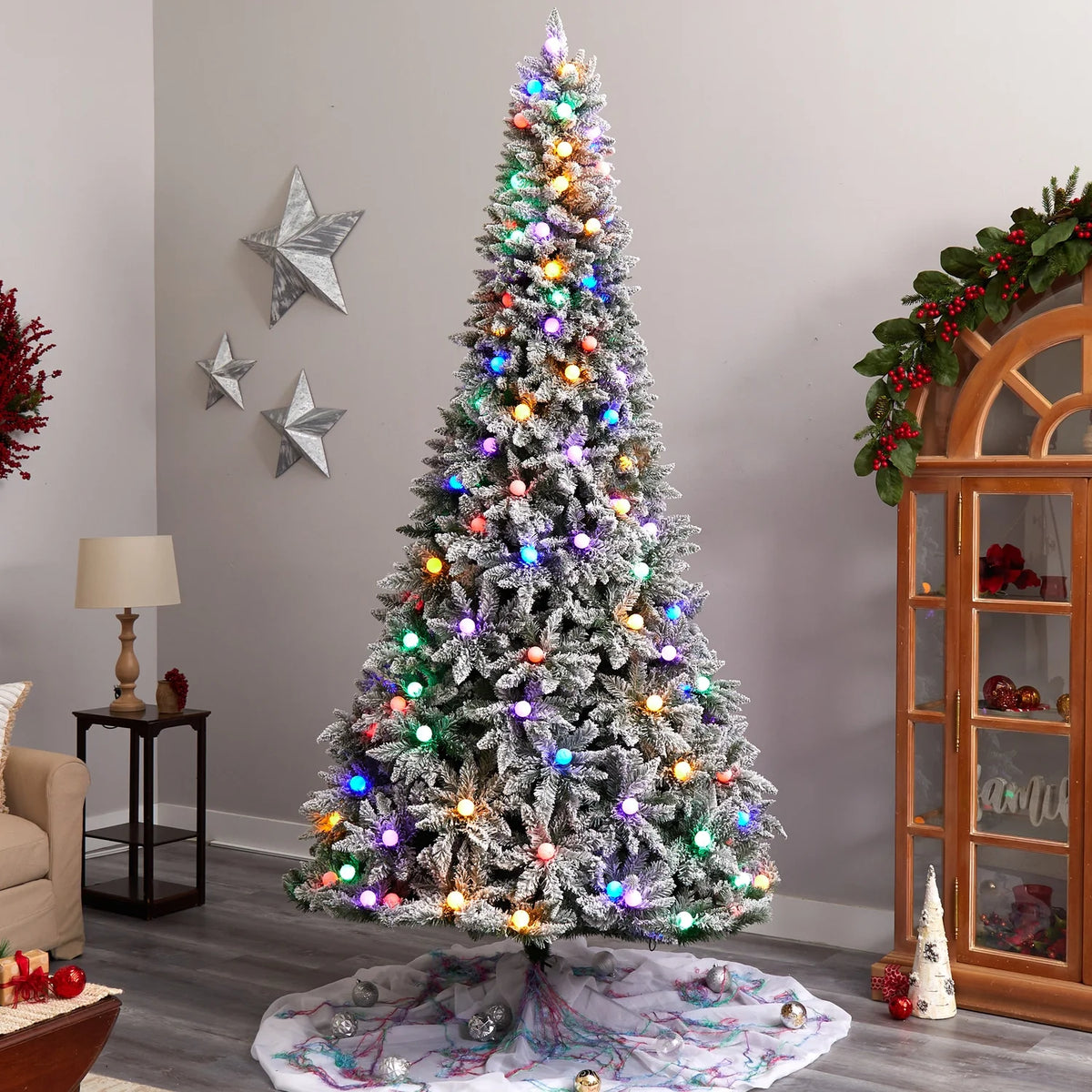 9.5Ft. Artificial Christmas Tree With 150 Multi Color Globe Bulbs And 2297 Bendable Branches K6717
