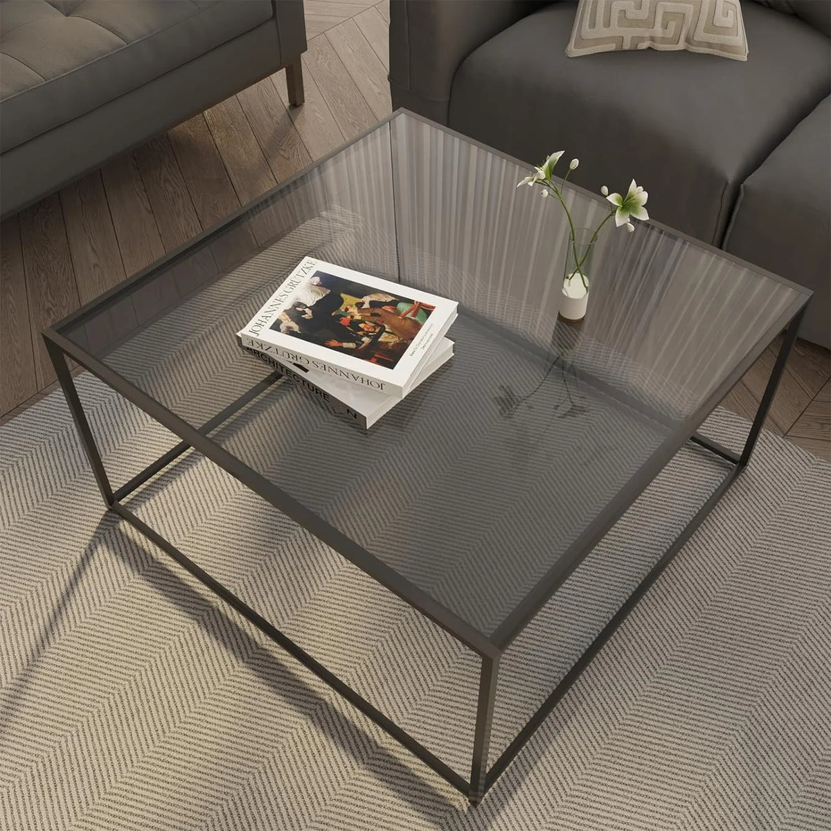 Square Glass Coffee Tables 26.7 x 26.7 x 15.7 Inches Gray Black E7737