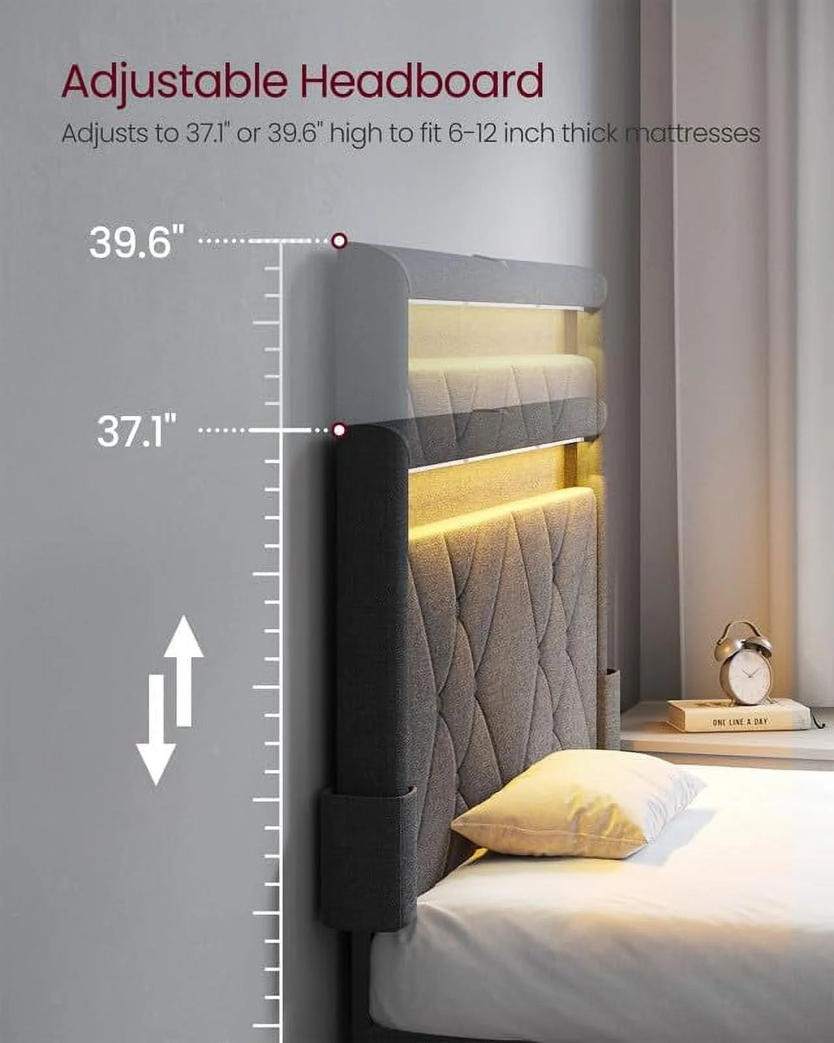Twin Size LED Bed Frame with Headboard and 4 Drawers Dark Grey O83997