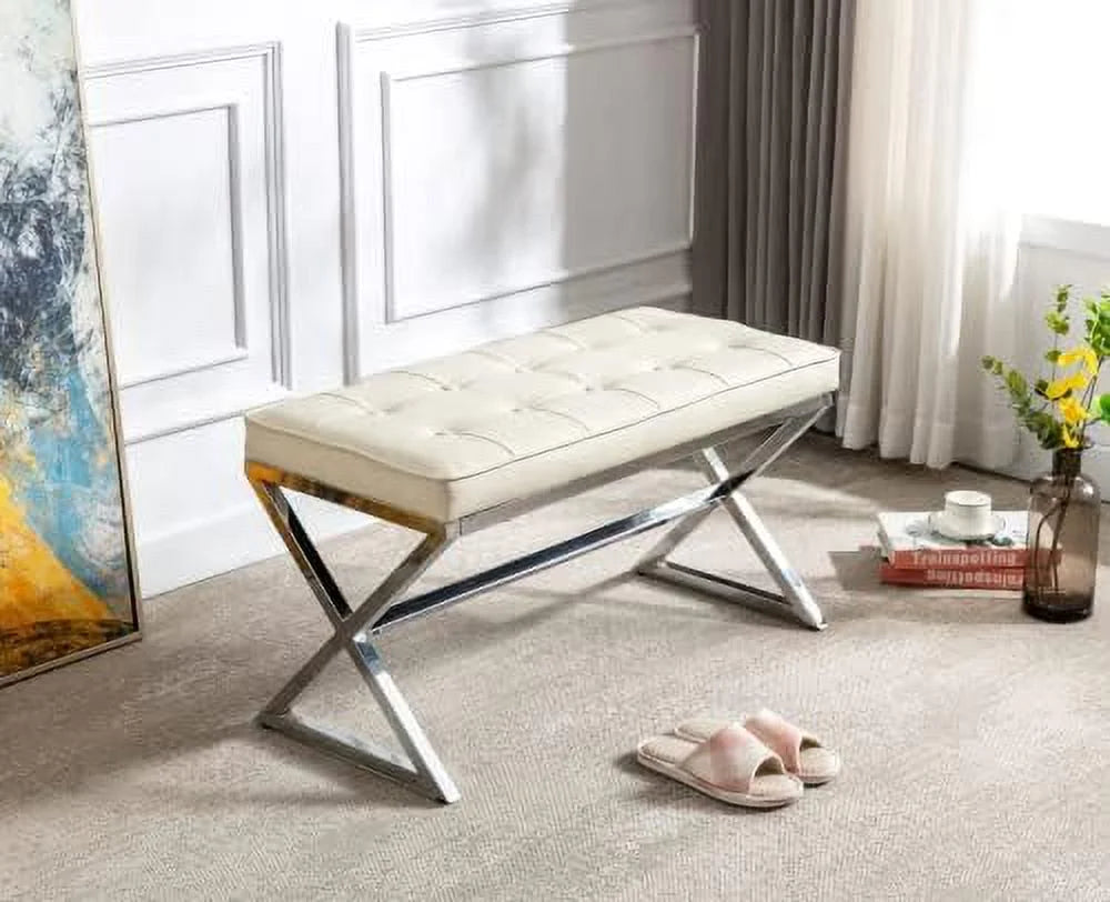 PU Leather Upholstered Entryway Bench with Metal X Legs B102