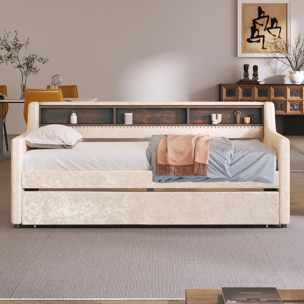 Beige Twin Size Velvet Daybed with Trundle and Storage Shelves A9526