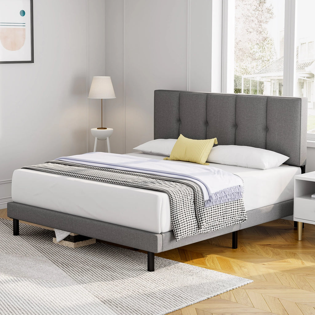 Full Size Bed Frame with Upholstered Headboard and Wooden Slats, Dark Grey N834