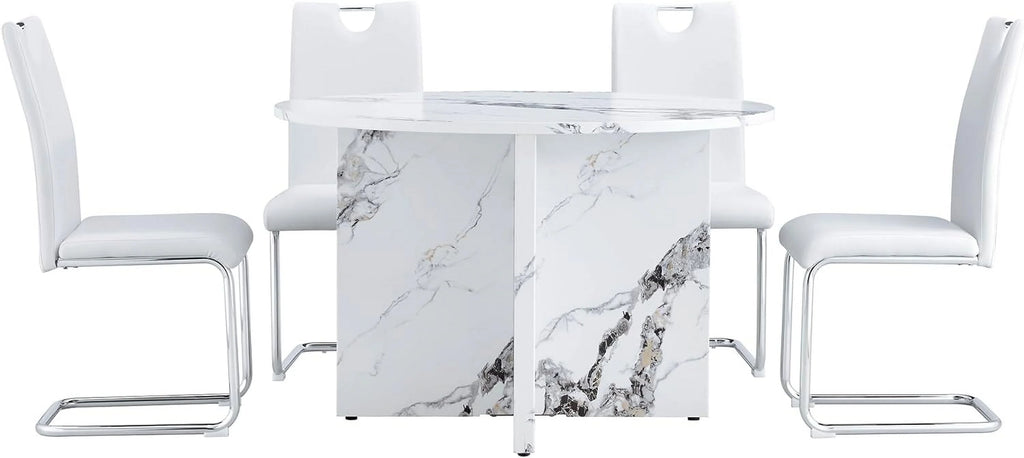 White 5 Piece Round Dining Table Set E85248