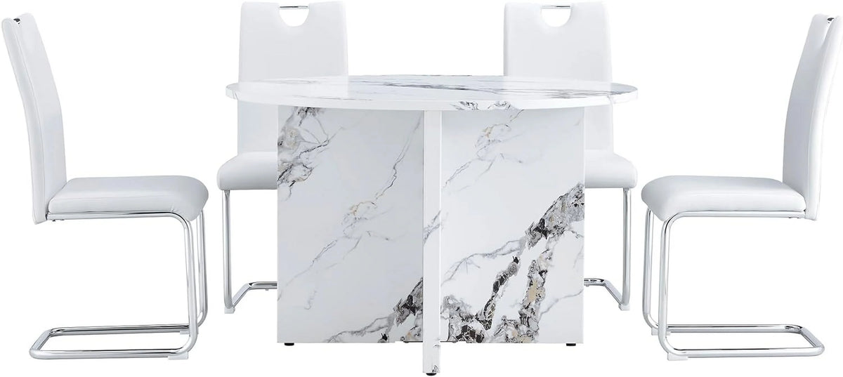 White 5 Piece Round Dining Table Set E85248