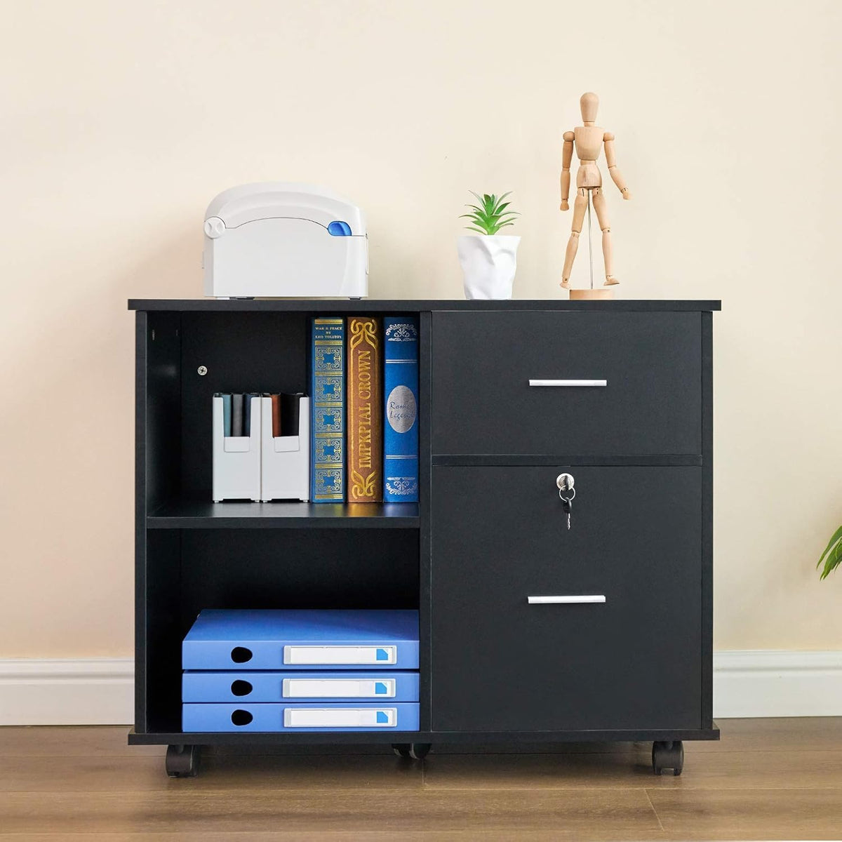L Shaped Desk and File Cabinet with Open Storage Shelf I901379