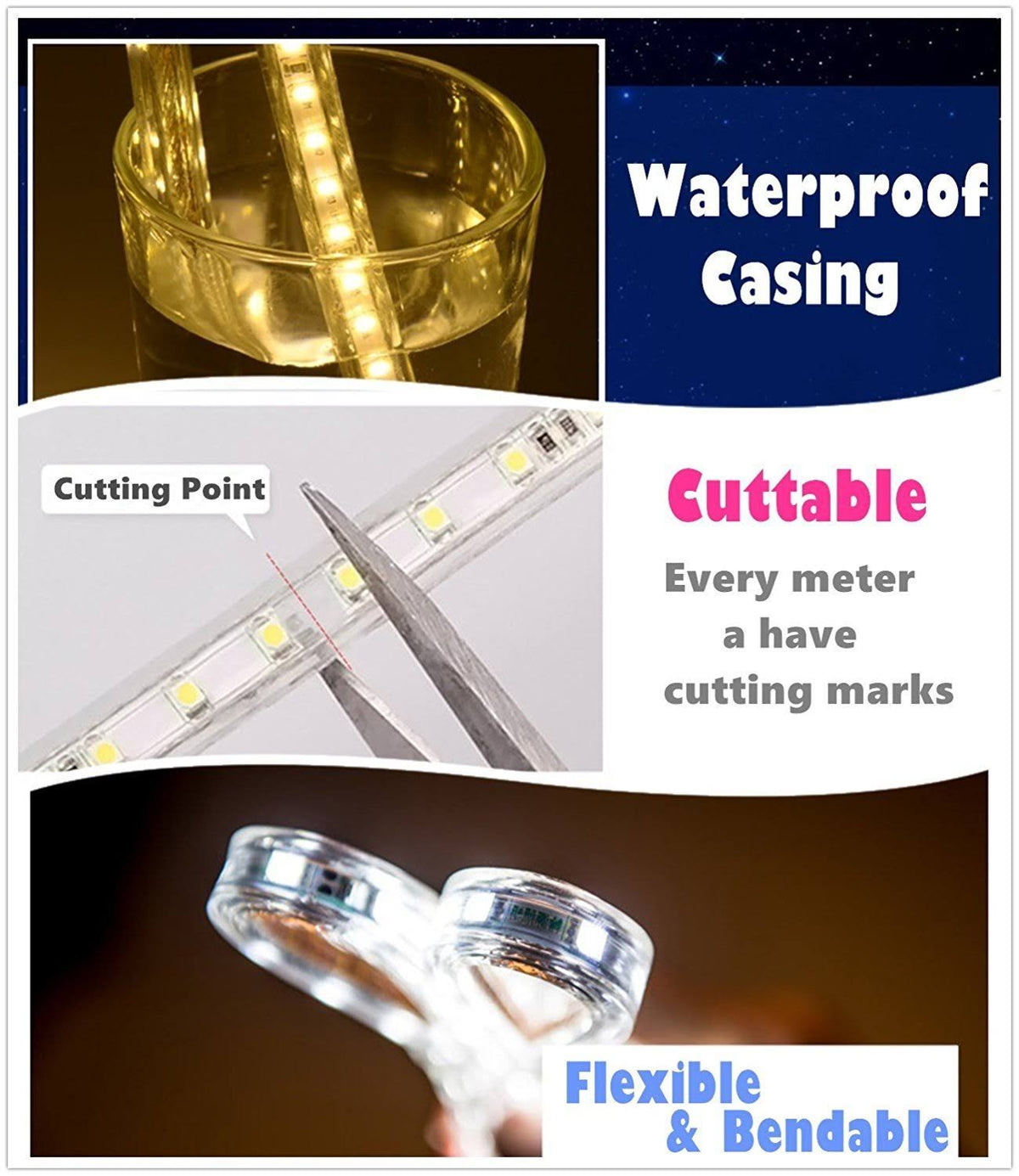 RGB LED Strip Light, Waterproof Multi Colors Dimmable SMD5050 LED Rope Light N340