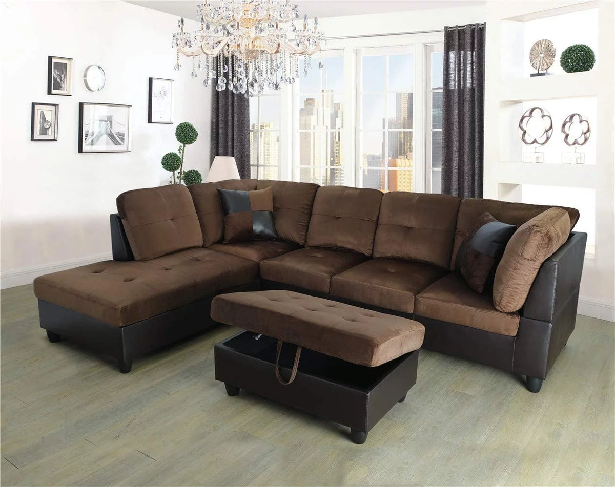 3 PCS Microfiber L Shape Sectional Sofa with Storage Ottoman H98884