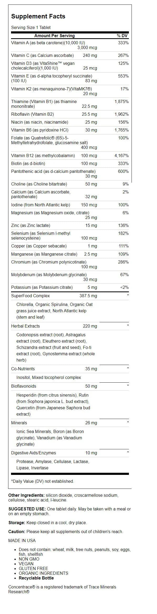 Whole Food Multivitamin with Superfoods Minerals Enzymes Vitamin D B12 Biotin 90 Tablets X239837